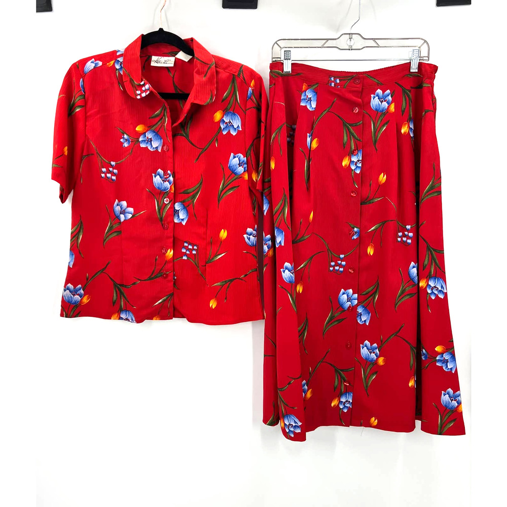 Vintage Kathie Lee Bright Colorful Red Floral Skirt Blouse Set Granny Coastal 10